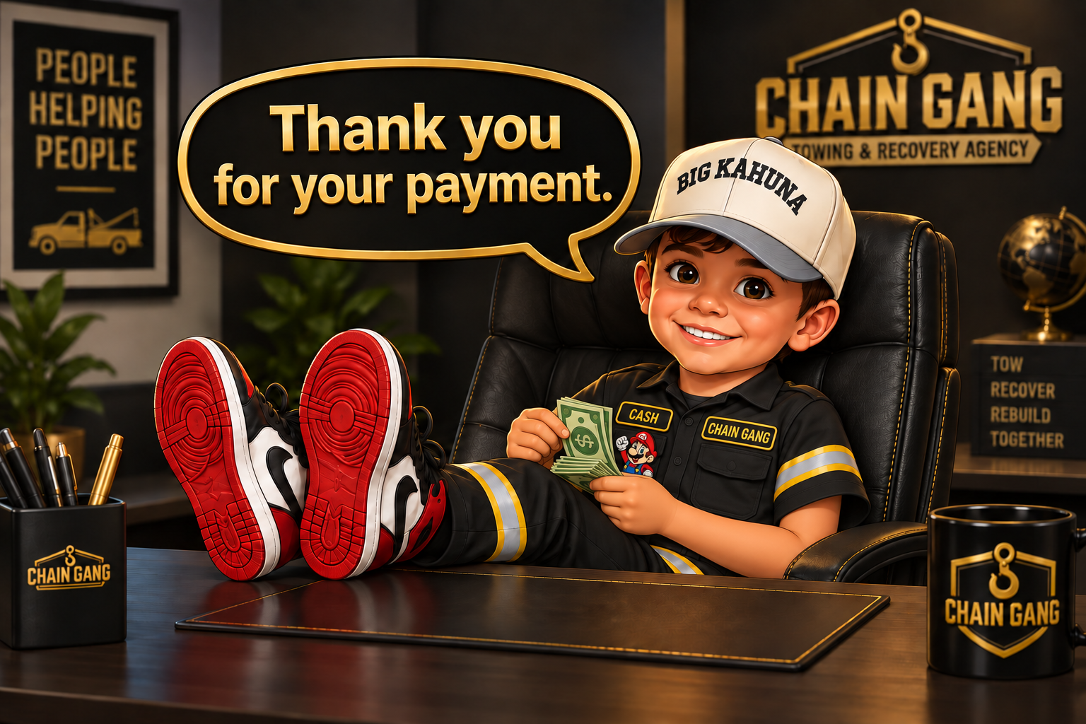 Cash counting money behind his desk: Thank you for your payment.