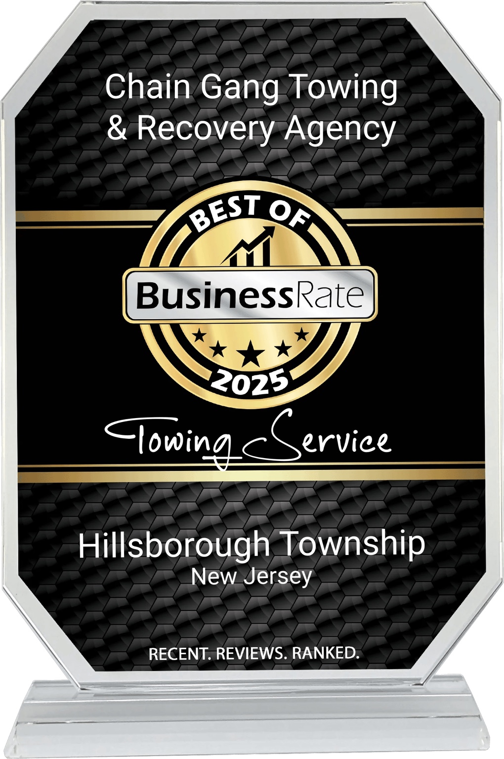 2025 BusinessRate Best of Hillsborough Township towing service plaque for Chain Gang Towing